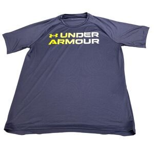 Under armour Tee Shirt Mens Medium Navy Spell Out Logo Short Sleeve Crew Neck